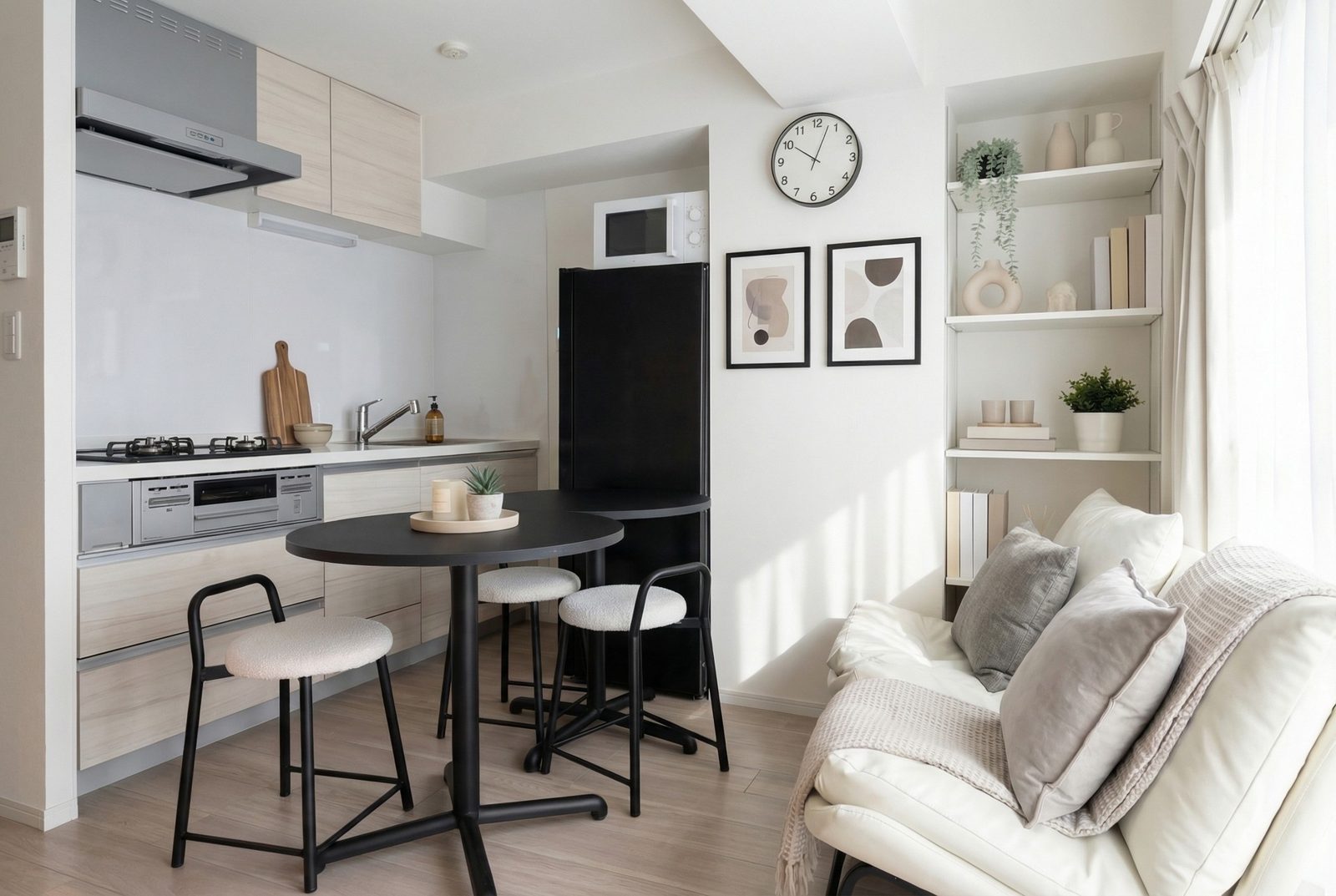 Kitchen and dining area of a furnished HalfKey short-term apartment in Nishinippori, Tokyo