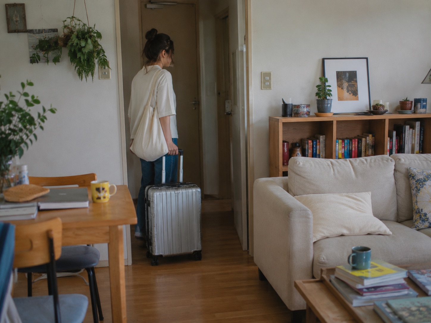 Packed suitcases standing in a furnished living room, the home left as it is